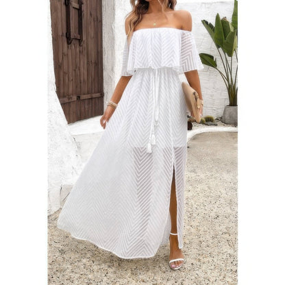 Off Shoulder Solid Tassel Ruffle Trim Split Dress