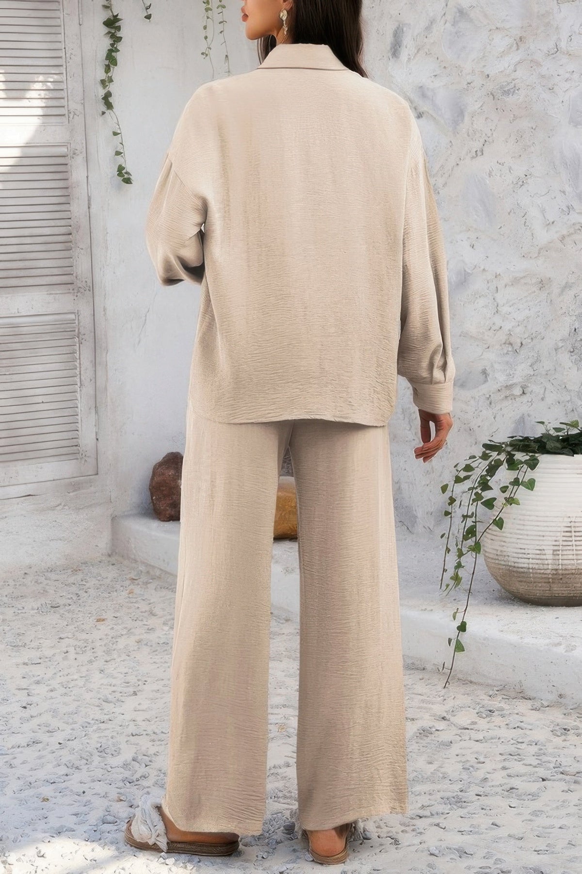 Two Pieces Solid Button Down Blouse Pant Sets