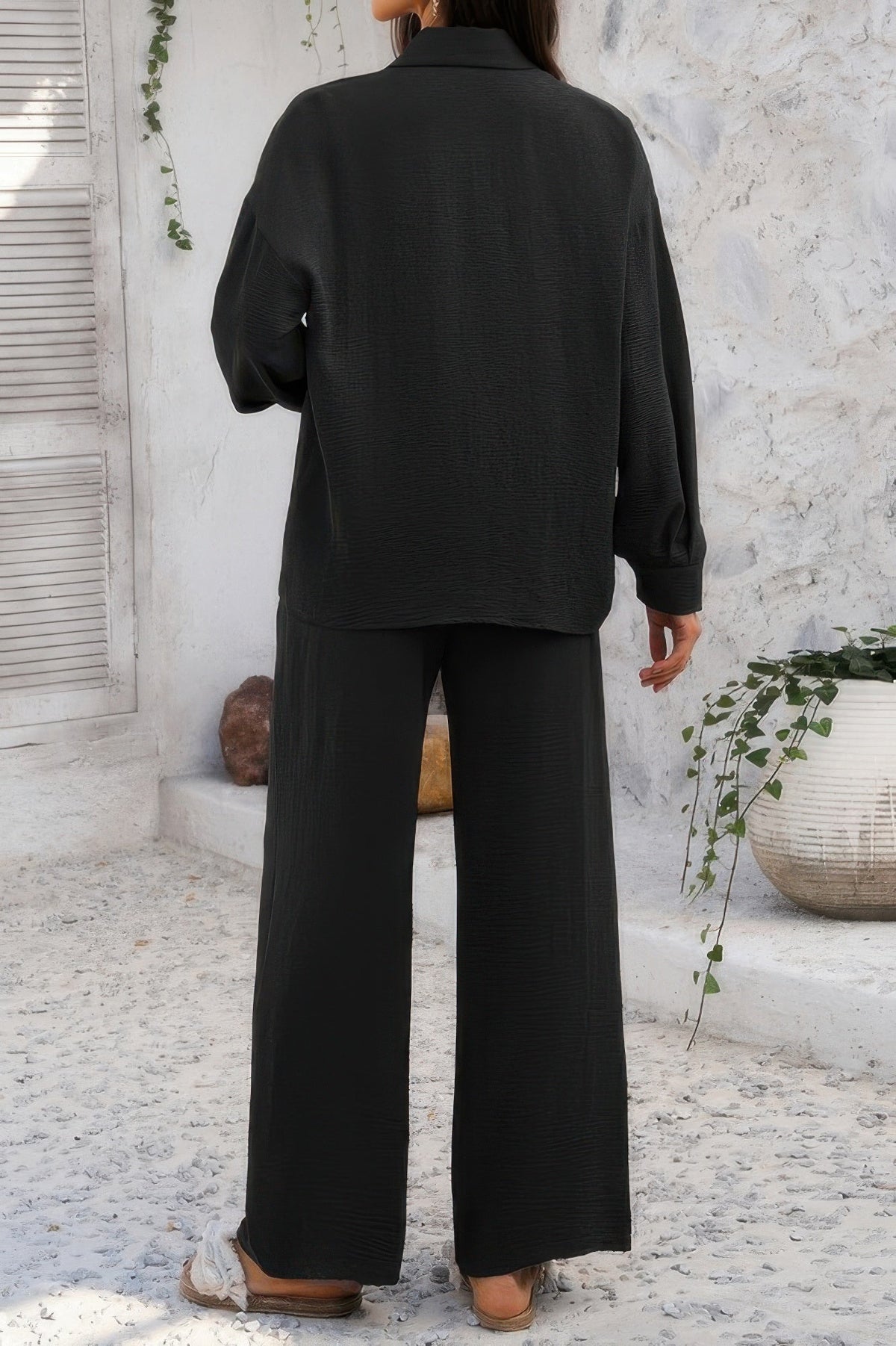 Two Pieces Solid Button Down Blouse Pant Sets