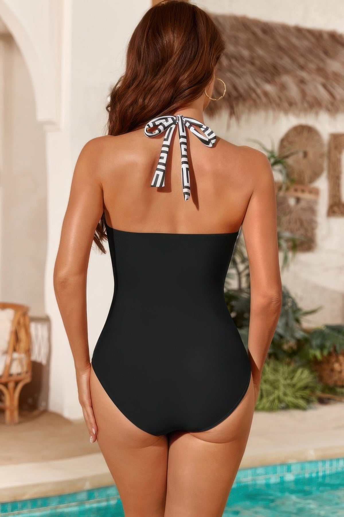 Printed Halter Deep V Neck Bodycon Swimsuit