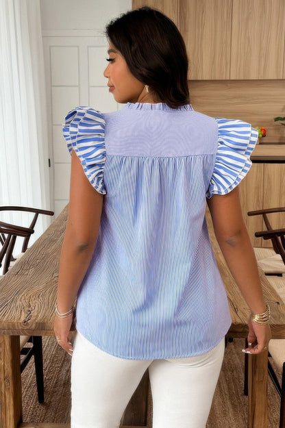 Plus Size Striped V Neck Flutter Sleeve Blouse