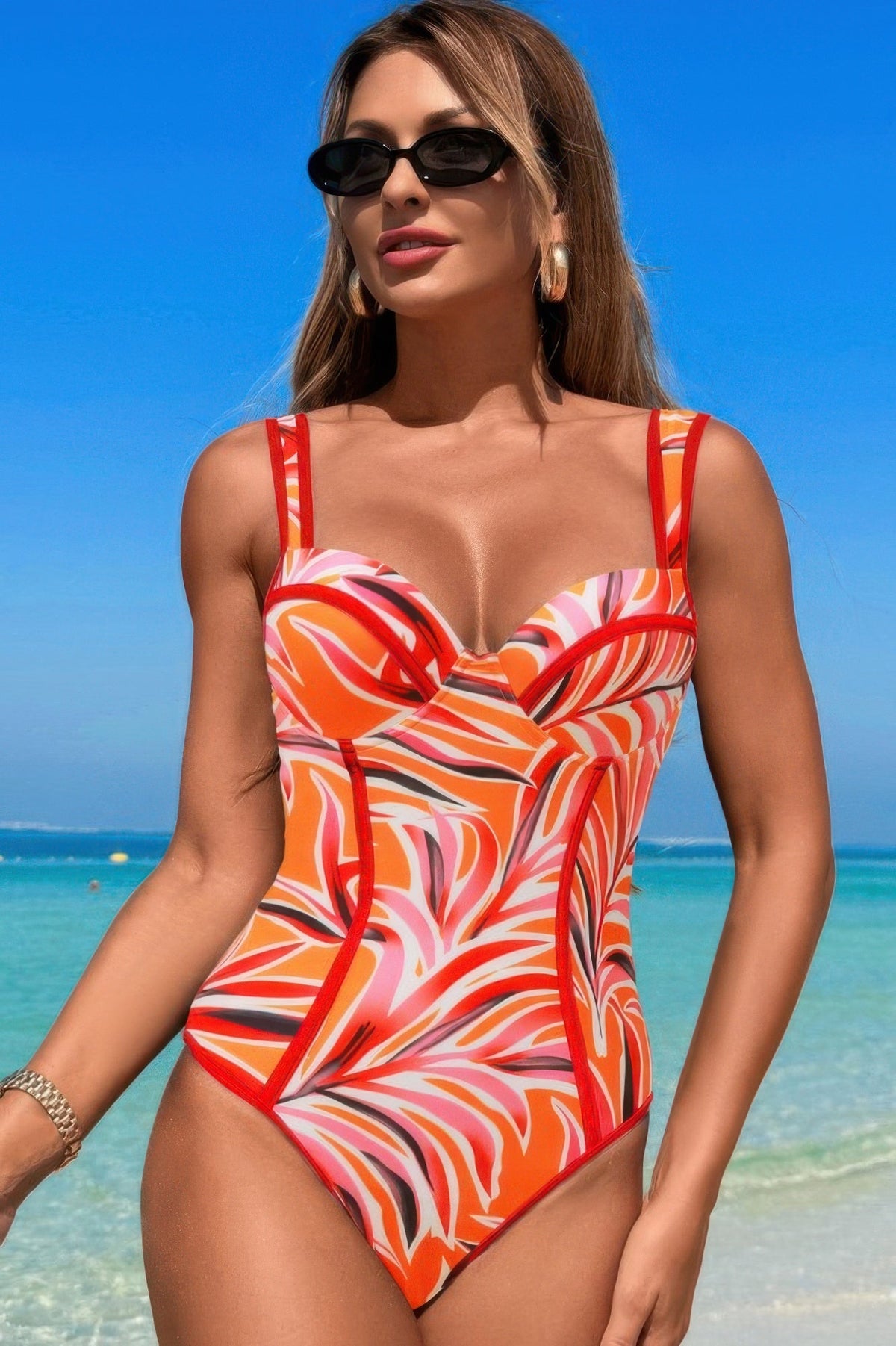 Stripe Sweetheart Neckline One Piece Swimsuit