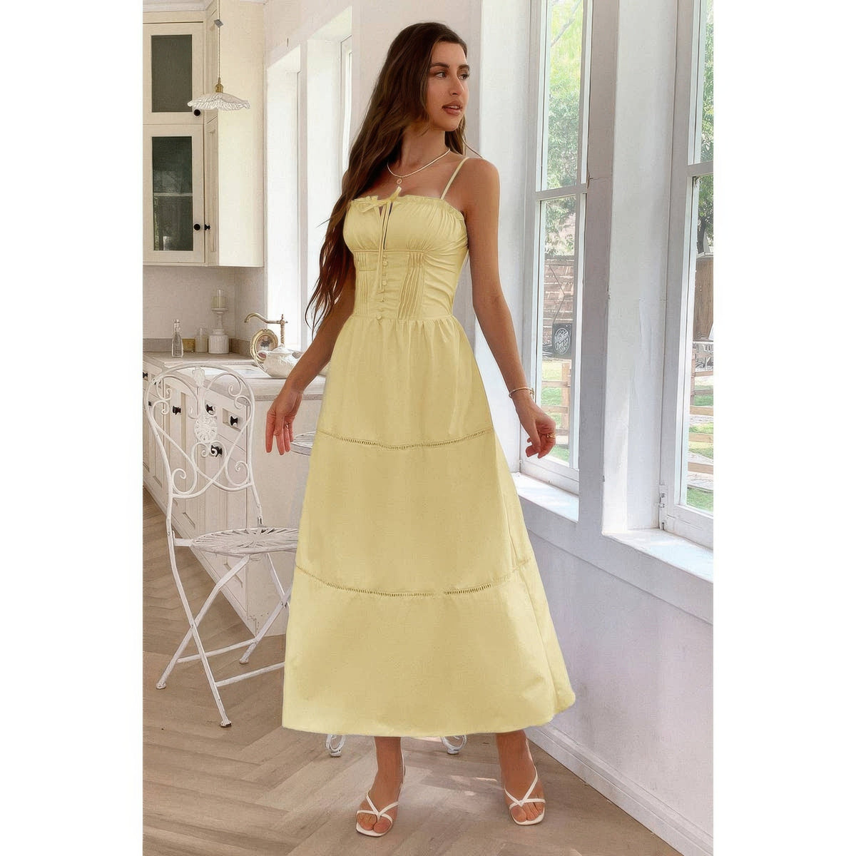 Solid Button Decor Pintuck Eyelet Shirred Dress