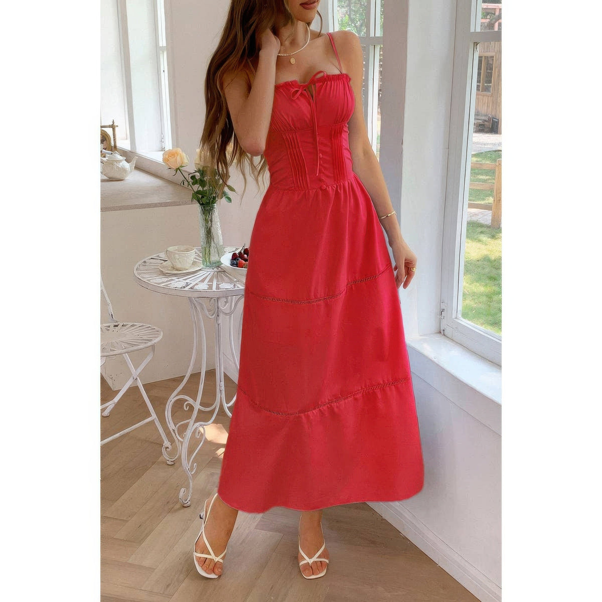 Solid Button Decor Pintuck Eyelet Shirred Dress