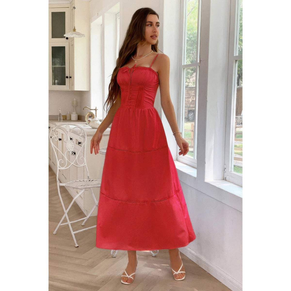 Solid Button Decor Pintuck Eyelet Shirred Dress