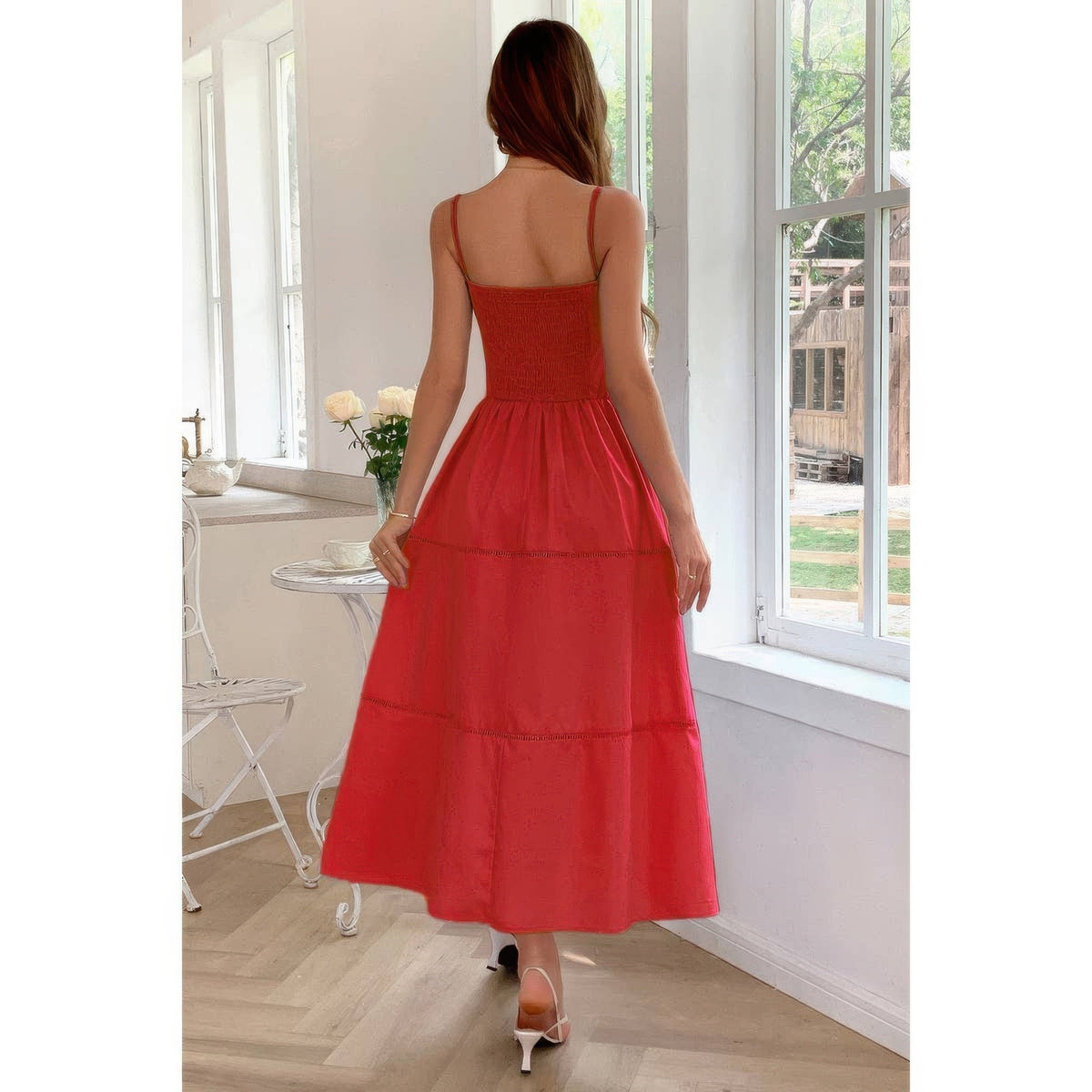 Solid Button Decor Pintuck Eyelet Shirred Dress