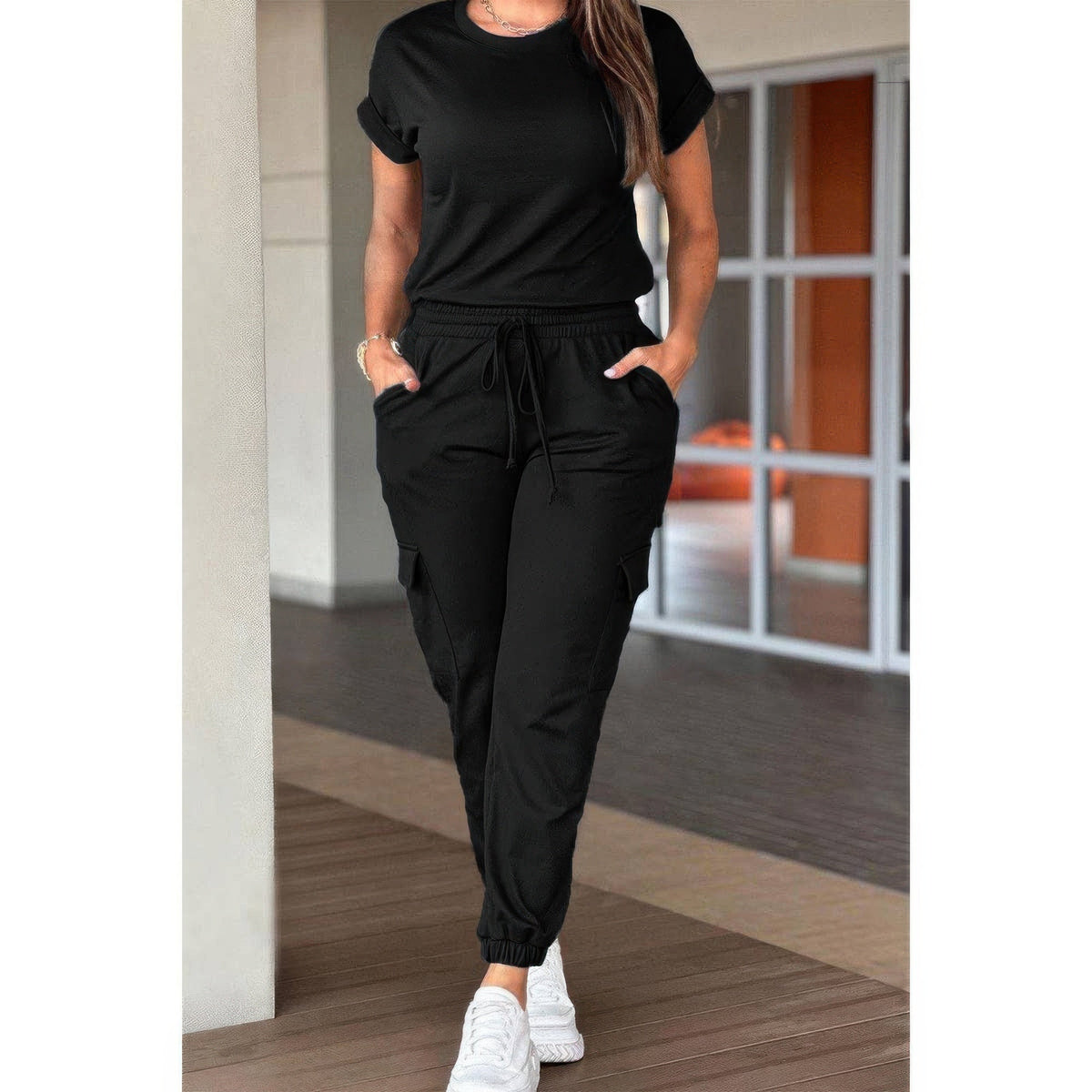 One Piece Solid Round Neck Shirt Drawstring Jumpsuit