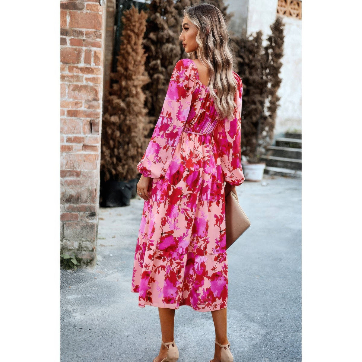 Floral High Elastic Waist Square Neck Pocket Dress