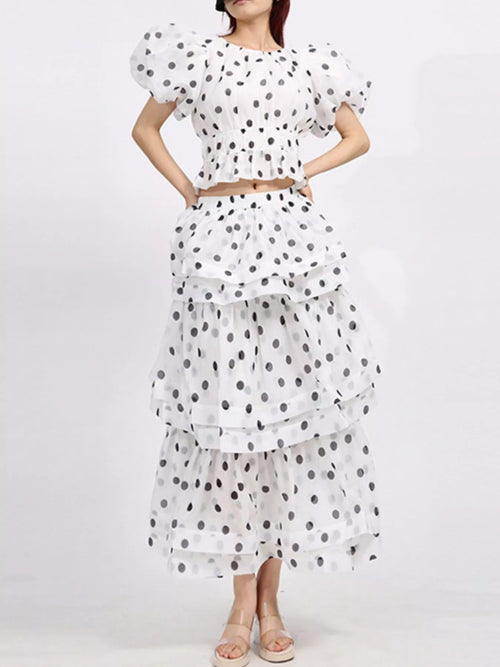 Polka Dot Puff Sleeve Top and Skirt Set