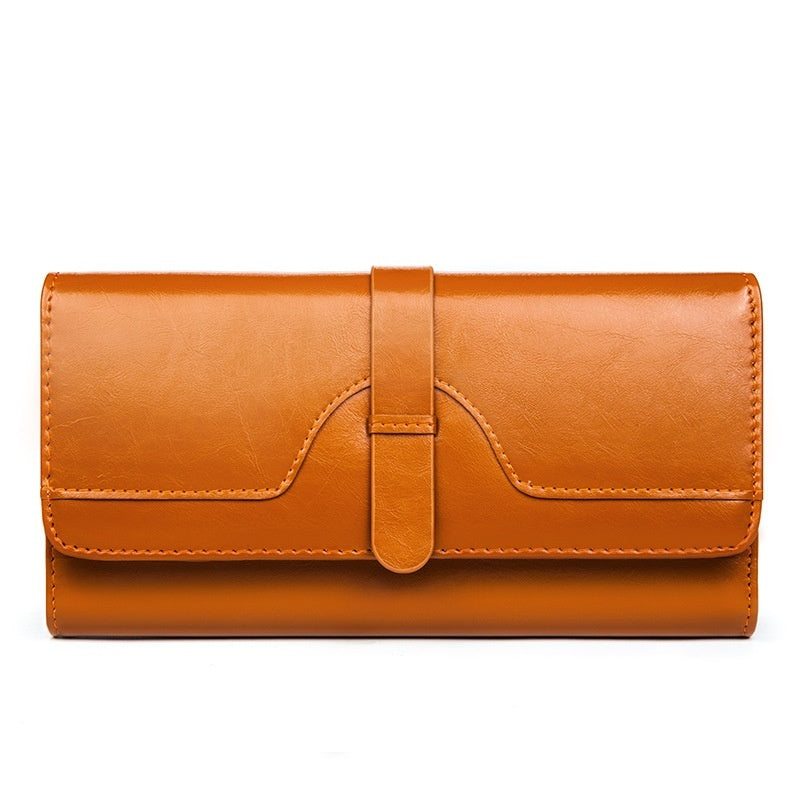 Pure Leather Tri Fold Women's Wallet Long Buckle Genuine Leather