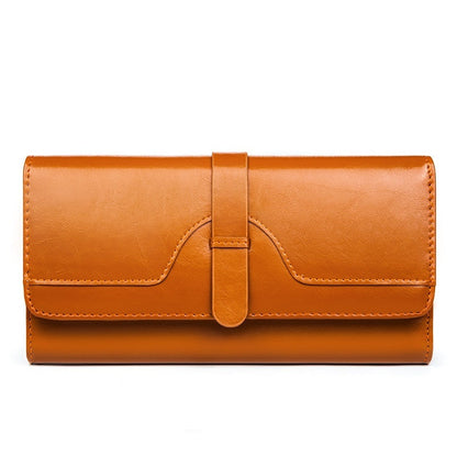 Pure Leather Tri Fold Women's Wallet Long Buckle Genuine Leather