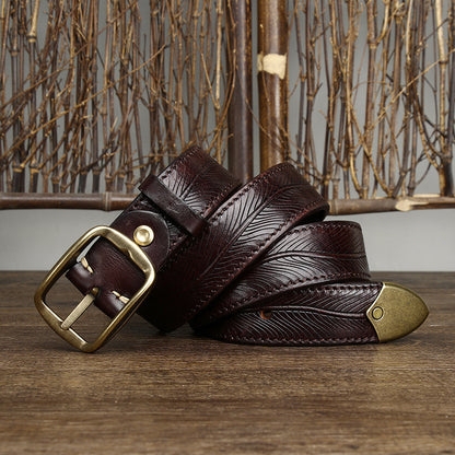 3.8CM Wide Thick Double-sided Cowhide Brass Buckle Belt