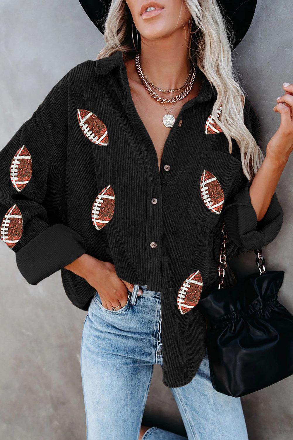 Sequin Football Button Up Long Sleeve Jacket for Women
