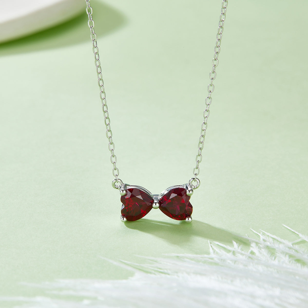 S925 Silver 2.4g 1.6ct Lab-Created Ruby Bow Necklace, 6mm Heart Pendant, 40&5cm