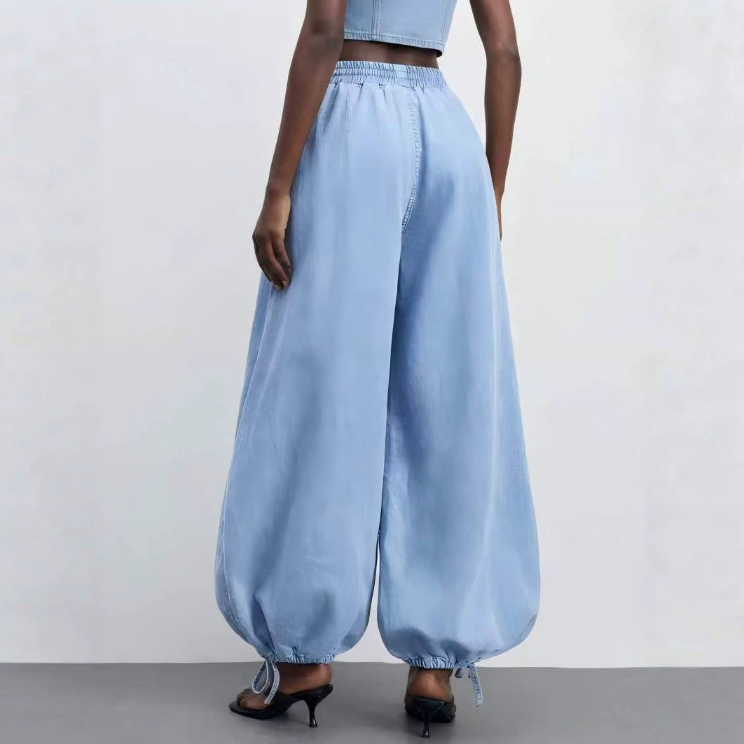 Draping Wide-leg Washed Denim Pants With A Drawstring Elastic Waist And Ankle Cuffs
