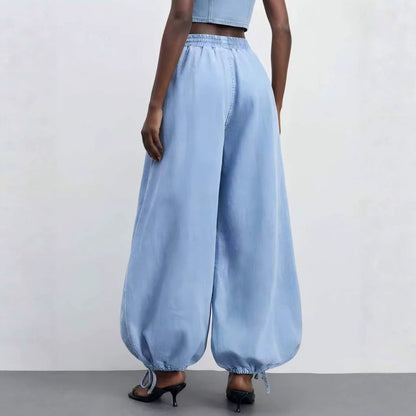 Draping Wide-leg Washed Denim Pants With A Drawstring Elastic Waist And Ankle Cuffs