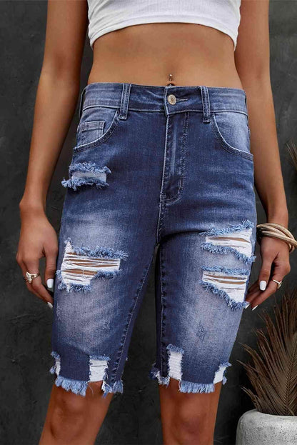 Distressed Frayed Hem Denim Bermuda Shorts for Women