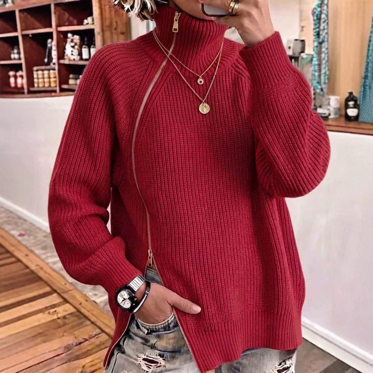 Solid-color Turtleneck Long-sleeve Loose-fit Knit Top With A Side Zipper