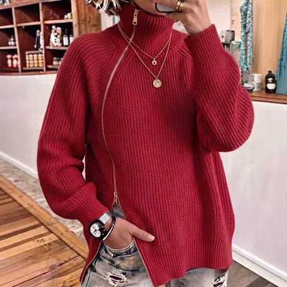 Solid-color Turtleneck Long-sleeve Loose-fit Knit Top With A Side Zipper