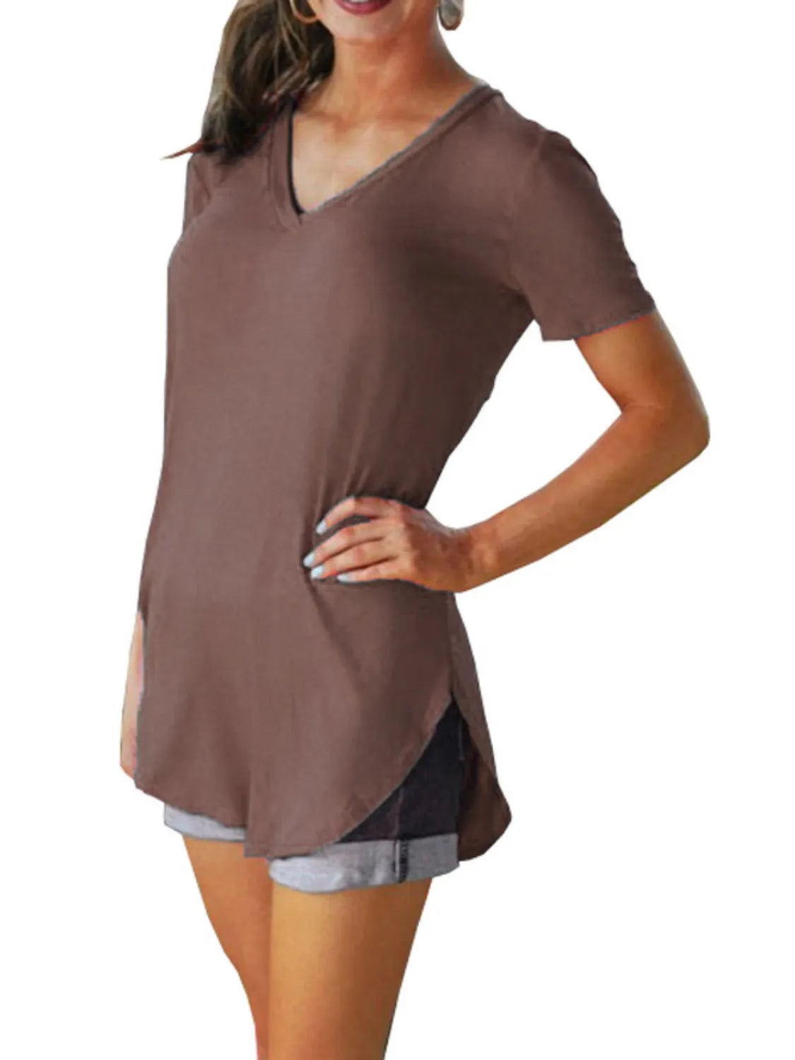Full Size Solid V-Neck Short Sleeve T-Shirt Plus Size