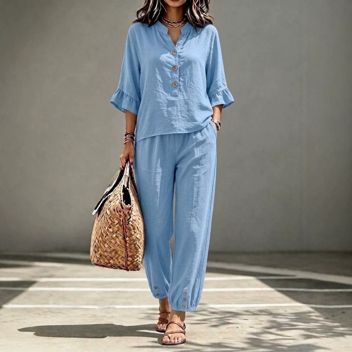 Three-quarter-sleeve Top And Cropped Pants Two-piece Set