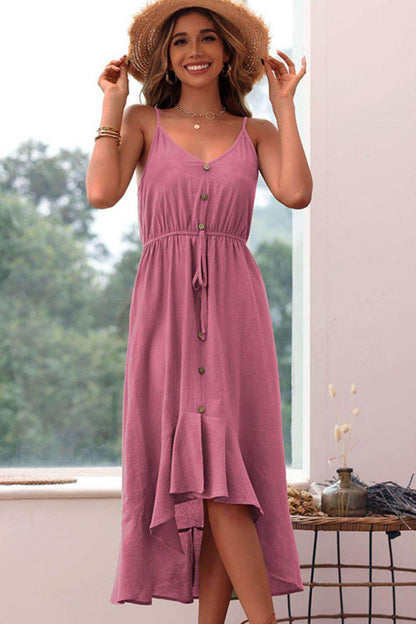 Perfee Spaghetti Strap Decorative Button Ruffled Dress Midi