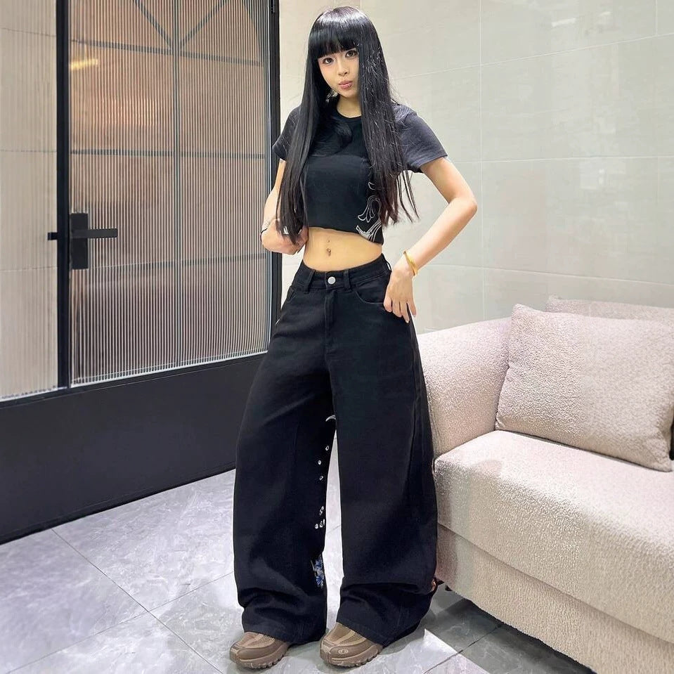 Women's Printed Washed Jeans Wide Leg Loose Straight