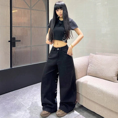Women's Printed Washed Jeans Wide Leg Loose Straight