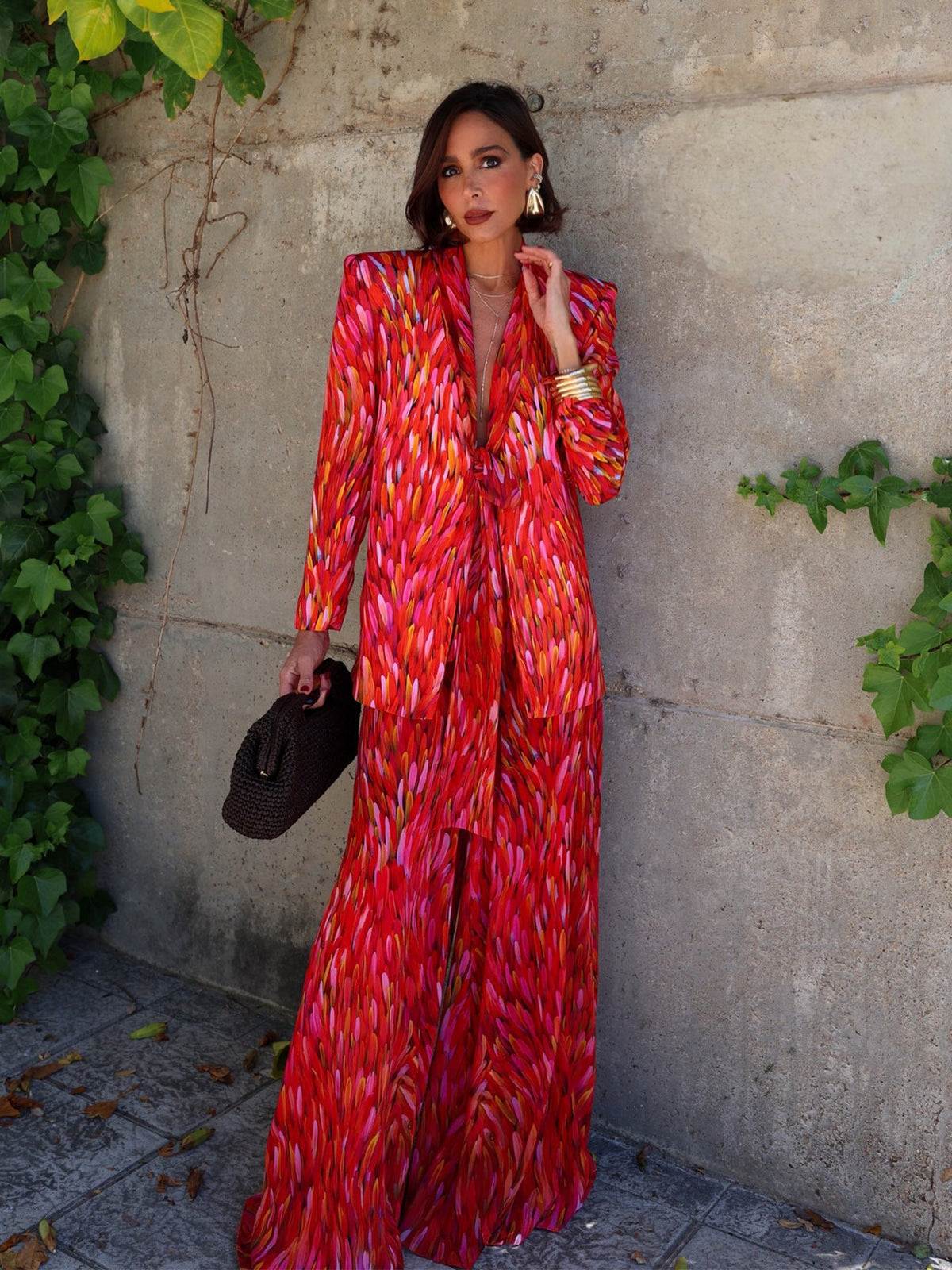Women's Jacquard V-neck Padded-shoulder Polyester Suit With Trousers