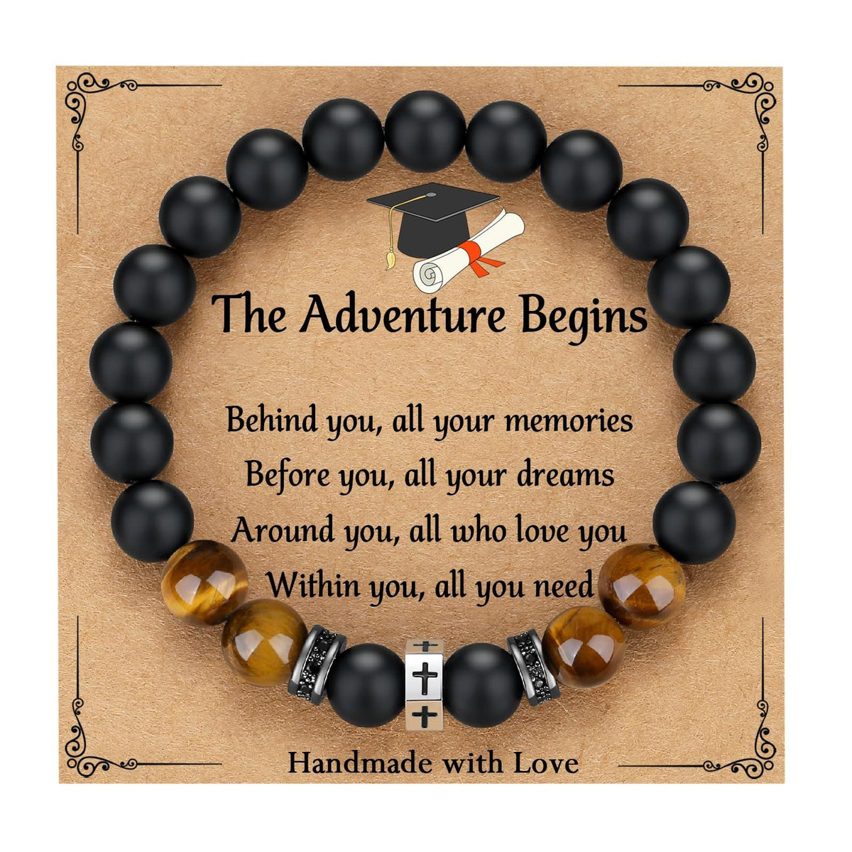 Tigers Eye Stone And Stainless Steel Cross Beaded Bracelet