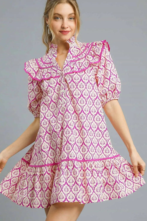 Umgee Ruffled Printed Puff Sleeve Mini Dress