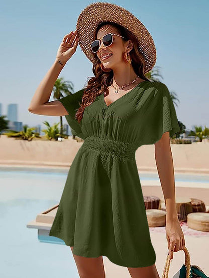 Smocked V-Neck Short Sleeve Dress for Effortless Style