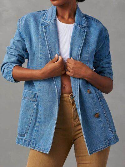 Pocketed Lapel Collar Long Sleeve Denim Jacket for Women