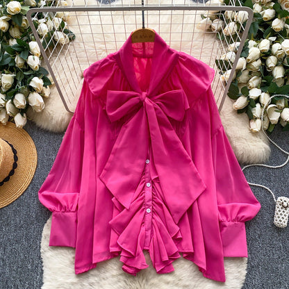Womens Solid-Color Chiffon Blouse With Ruffled Hem And Long Sleeves