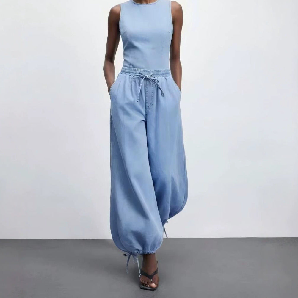 Draping Wide-leg Washed Denim Pants With A Drawstring Elastic Waist And Ankle Cuffs
