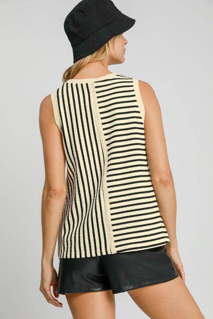 Umgee Round Neck Texture Striped Tank for Casual Style