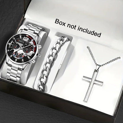 Men's Bracelet Cross Necklace And Watch Set