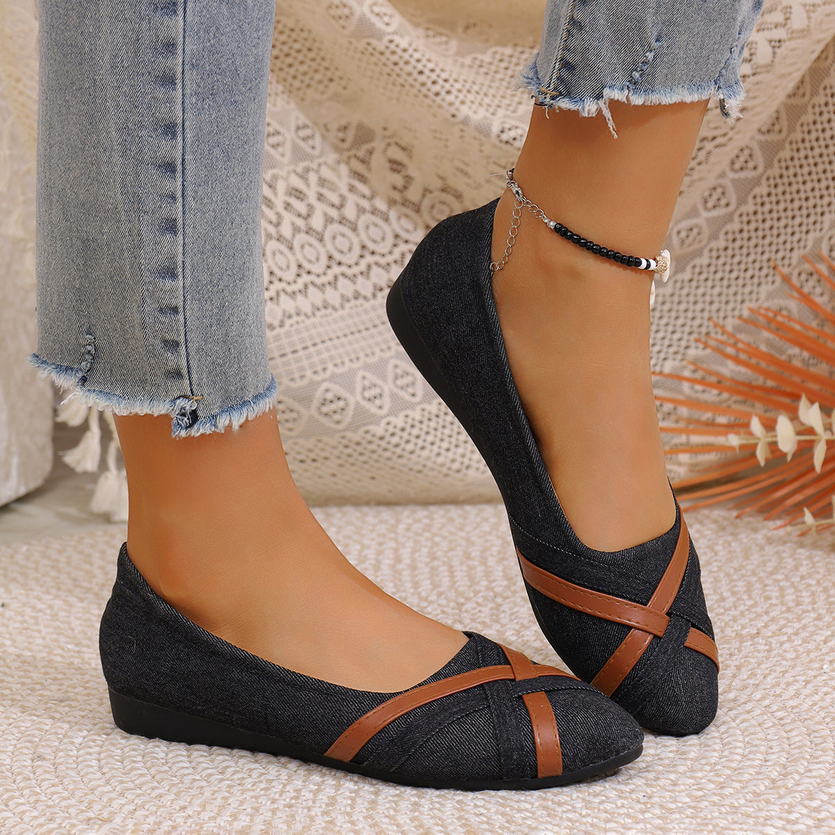 Ins Cross-straped Denim Loafers Fashion Lightweight Comfortable Flats Shoes For Women