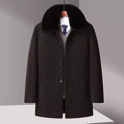 Autumn And Winter New Men's Trench Coat Chenille Fleece-lined Middle-aged And Elderly Men's Fur Collar Woolen Coat