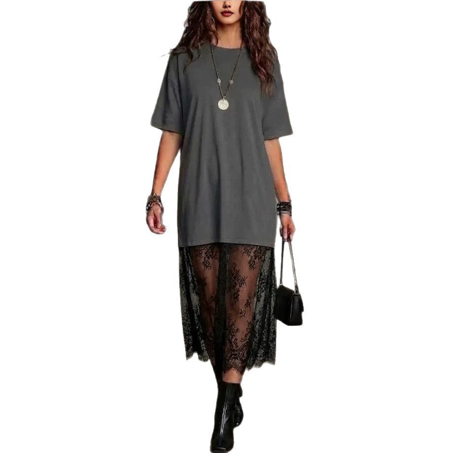 Womens Solid-Color Lace-Patchwork Short-Sleeve Dress