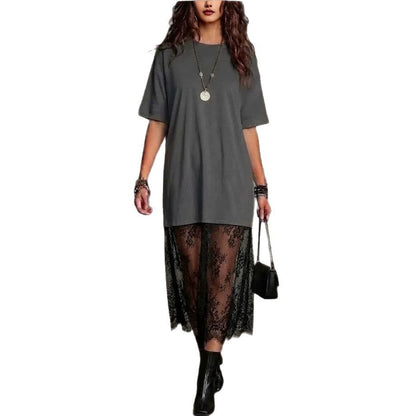 Womens Solid-Color Lace-Patchwork Short-Sleeve Dress