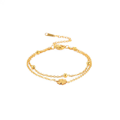 Stainless Steel Cut Clover Charm Double-layer Ankle Bracelet For Women