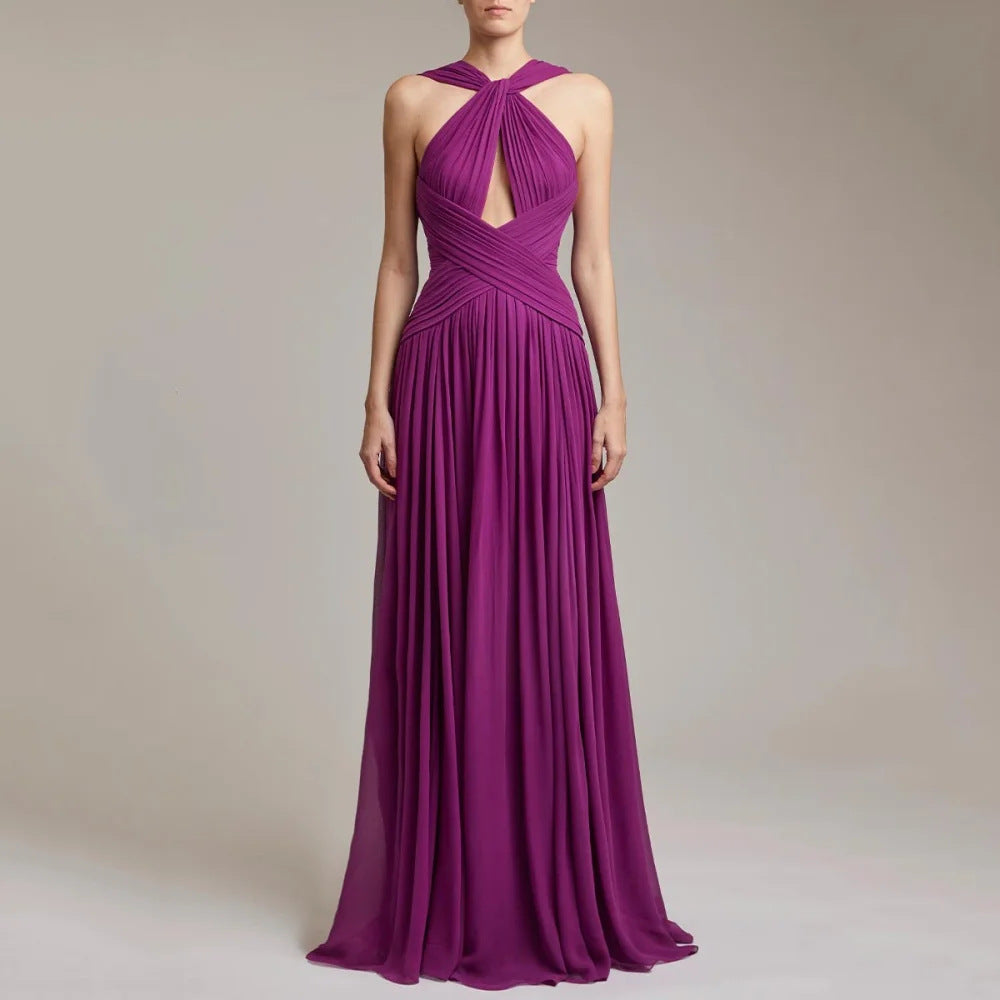 Twist Halter Keyhole Cross Ruched Chiffon Floor Length Evening Maxi Dress