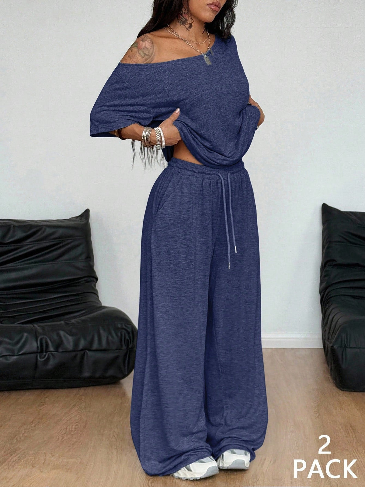 SpringSummer Women's Casual Solid-Color Sports Two-Piece Set