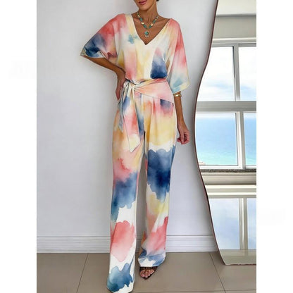 Solid-color V-neck Casual Mid-length Sleeve Dress With Belt