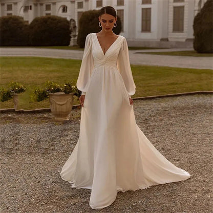 Bridal Chiffon Deep V Satin Long Sleeve Light Yarn Gown