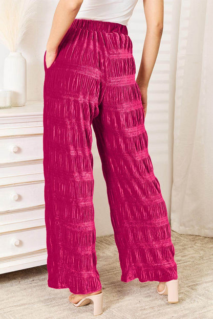 Double Take Full Size High Waist Tiered Shirring Velvet Pants