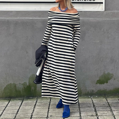Women's Casual Striped Off-shoulder Dress