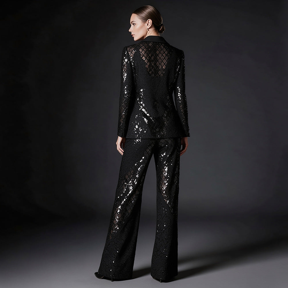 Sparkling Sequin Lace Blazer & Wide-Leg Pants Suit Set