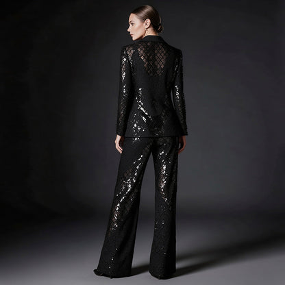 Sparkling Sequin Lace Blazer & Wide-Leg Pants Suit Set